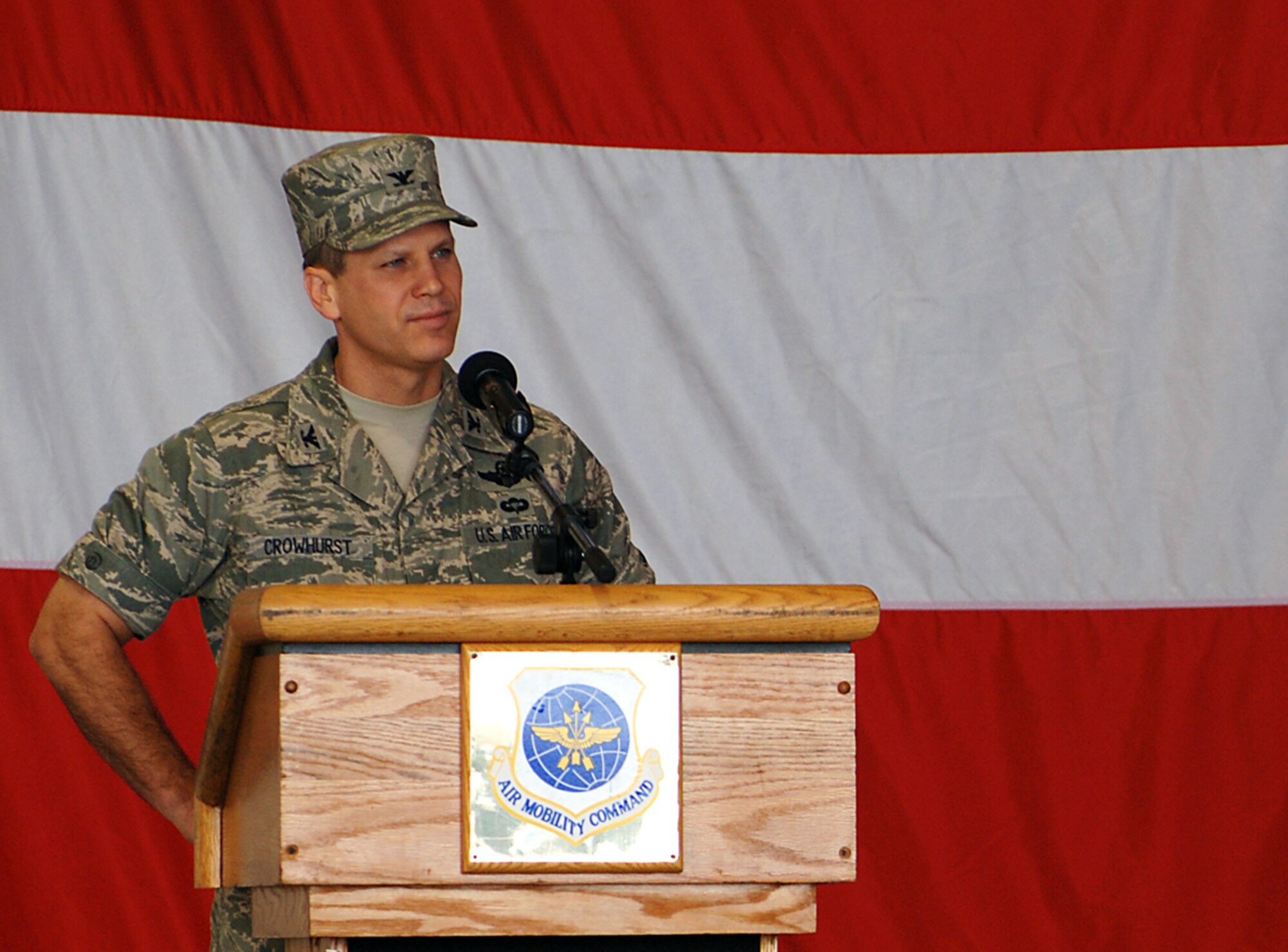 Col. Jamie Crowhurst addresses those gathered for a change of command ceremony at McConnell Air Force Base, Kan., on July 2. Earlier in the ceremony, Colonel Crowhurst took command of the 22nd Air Refueling Wing, the 931st Air Refueling Group's host unit at the base. (U.S. Air Force photo/Tech. Sgt. Jason Schaap)