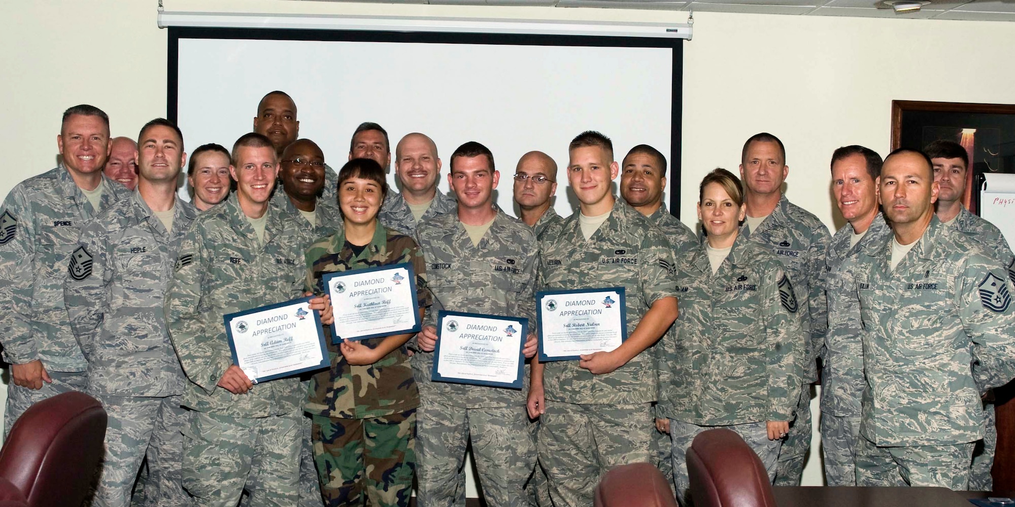EGLIN AIR FORCE BASE, Fla. – Council members for the Airman Against Drunk Driving program were recently coined by the First Sergeant’s Association for the efforts. The Airmen coined were (from left to right) Senior Airman Adam Reff, 728 Air Control Squadron; Senior Airman Kathleen Reff, 96th Comptroller Squadron; Senior Airman David Comstock, 728th ACS and Senior Airman Robert Nielson, 33rd Air Maintenance Squadron. The AADD program is designed to reduce the chances of Airmen drinking and driving and is manned on a volunteer basis by squadron, coordinated through their respective first sergeant. If a unit cannot support the council members step up to pick up Airmen. So far this summer, AADD has prevented 524 potential DUIs or alcohol-related auto accidents.  (Courtesy Photo)
