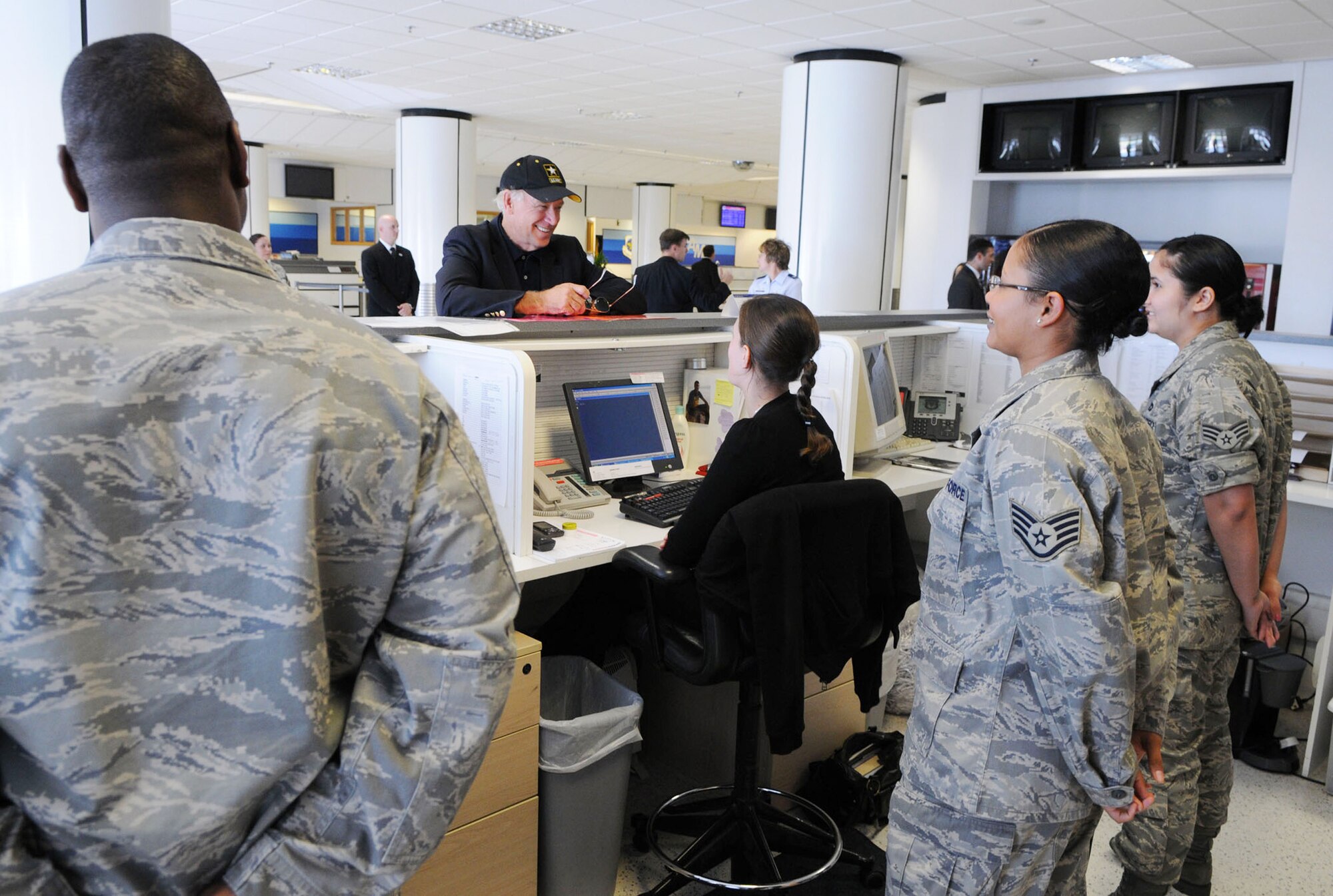 Vice President Joe Biden talks with Airmen and civilians July 2 in the passenger terminal at Royal Air Force Mildenhall, England. The vice president stopped at the base for a few hours en route to an unspecified location. (U.S. Air Force photo/Staff Sgt. Austin M. May) 