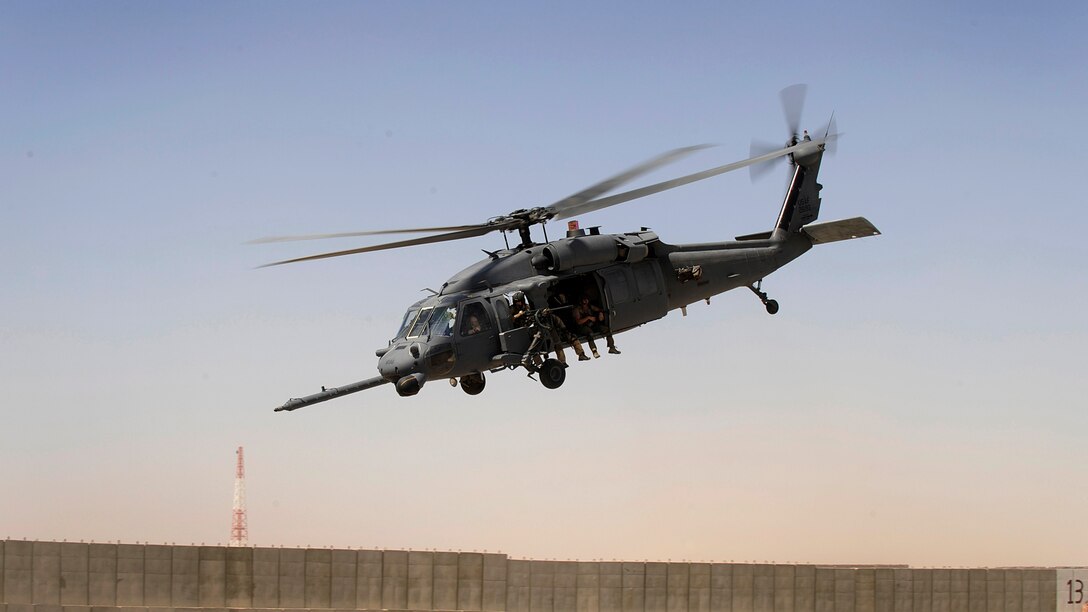 A HH-60G Pave Hawk, manned by Airmen assigned to the 129th Expeditionary Rescue Squadron, takes off June 23 from Camp Bastion, Afghanistan. The crew responded to a medical evacuation request to help injured personnel further down range. (U.S. Air Force photo/Staff Sgt. Shawn Weismiller) 