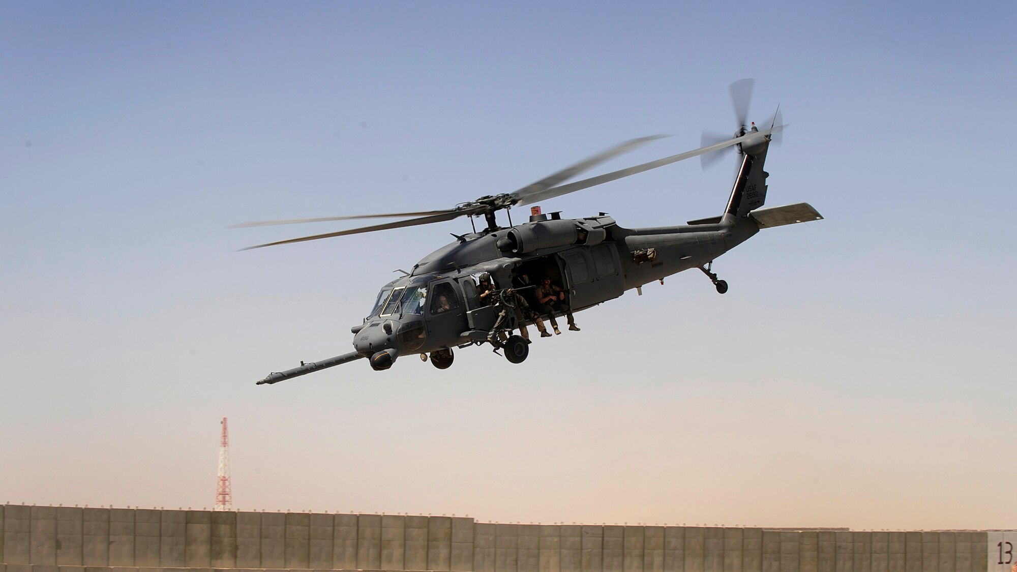 A HH-60G Pave Hawk, manned by Airmen assigned to the 129th Expeditionary Rescue Squadron, takes off June 23 from Camp Bastion, Afghanistan. The crew responded to a medical evacuation request to help injured personnel further down range. (U.S. Air Force photo/Staff Sgt. Shawn Weismiller) 
