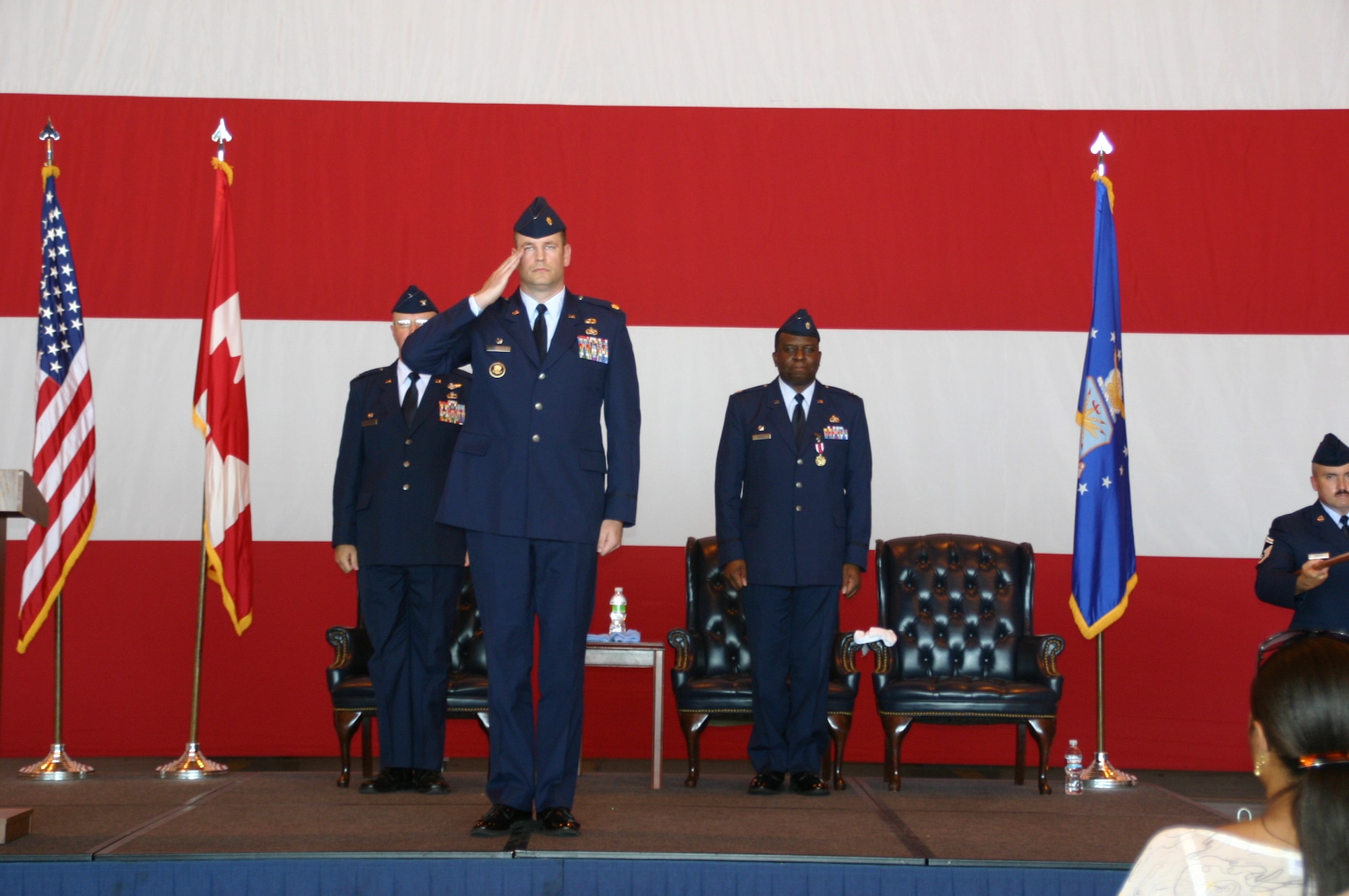 After accepting command of the 552nd Air Control Networks Squadron, Maj. John Jurgensen received his first salute from the Airmen he now leads. Photo courtesy of 1st Lt. Kinder Blacke.