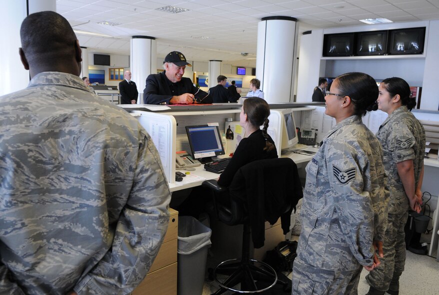Vice President Joe Biden talks with Airmen and civilians in the RAF Mildenhall passenger terminal July 2.  The Vice President stopped at the base for a few hours en route to an unspecified location. (U.S. Air Force photo by Staff Sgt. Austin M. May)