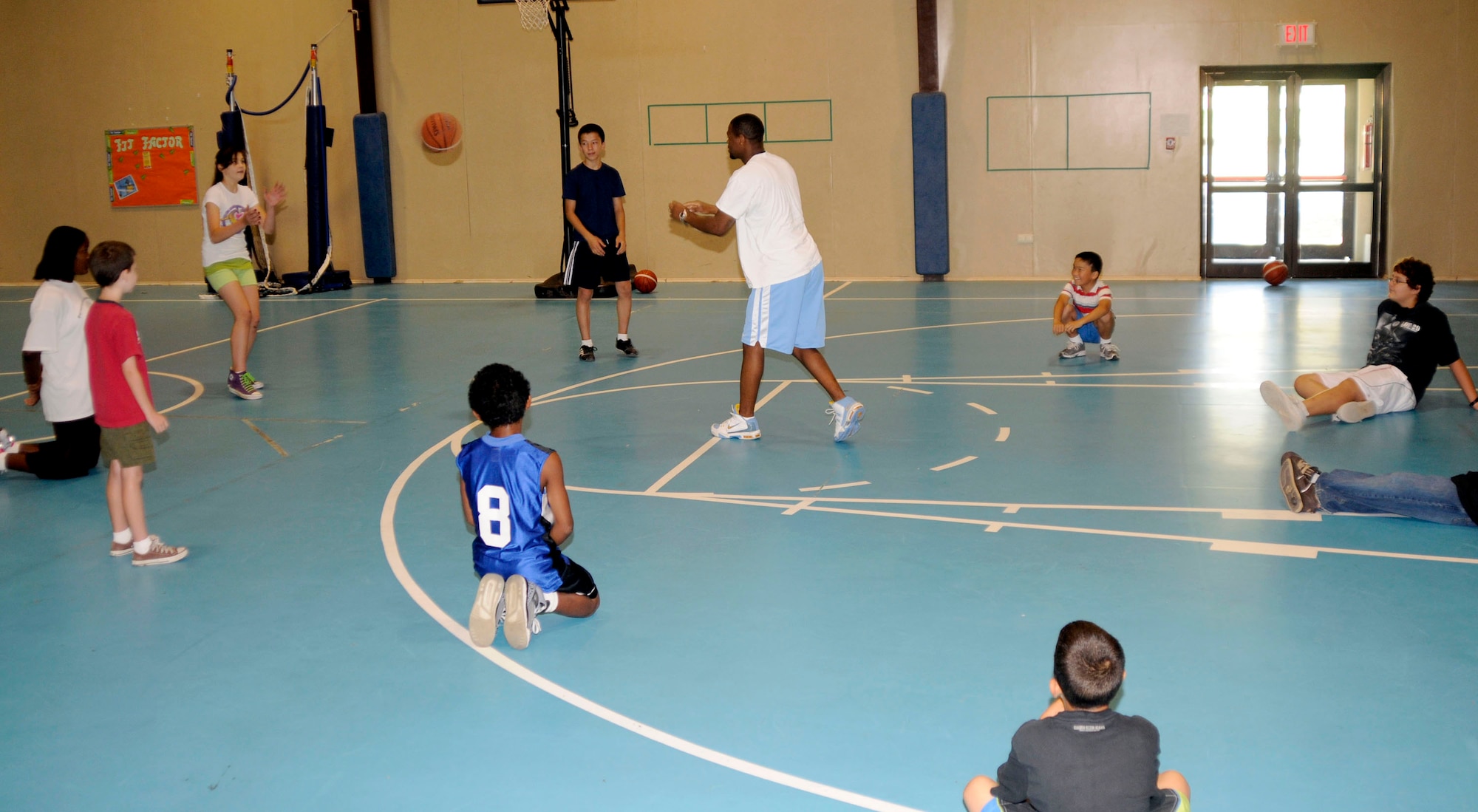 Tim Visor, Youth Programs assistant, passes a basketball to one of the youth during pass exercise, Tuesday, July 1, 2009 during the basketball camp at Incirlik Air Base, Turkey. The camp, which ran the entire week, is one of several camps and recreation trips available for children during their summer. For more information about activities call YP at 676-6670. (U.S. Air Force photo/Airman 1st Class Amber Russell)