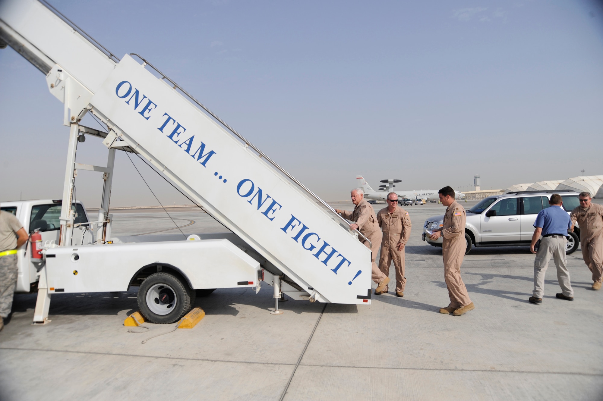 SOUTHWEST ASIA -- Gen. Art Lichte, Air Mobility Command Commander, departs the 380th Air Expeditionary Wing following a visit to an undisclosed location in Southwest Asia. General Lichte took some time during a tour of the Central Command area of responsibility to visit with Airmen and talk about what AMC assets contribute to current overseas contingency operations. (U.S. Air Force Photo by Staff Sgt. Mike Andriacco) (Released)