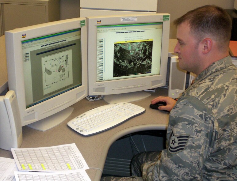 LANGLEY AIR FORCE BASE, Va. -- Tech. Sgt. Brandon Orr, a forecaster with the Air Combat Command Air Operations Squadron weather flight, prepares a Controlling Mission Execution Forecast recently. (Courtesy photo)