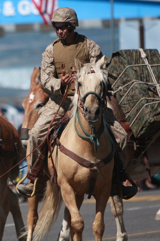 Sgt. John Freeseha, an Animal Packers Course instructor at Mountain Warfare Training Center Bridgeport, Calif., rides in the Independence Day parade in the nearby town of Bridgeport July 4.