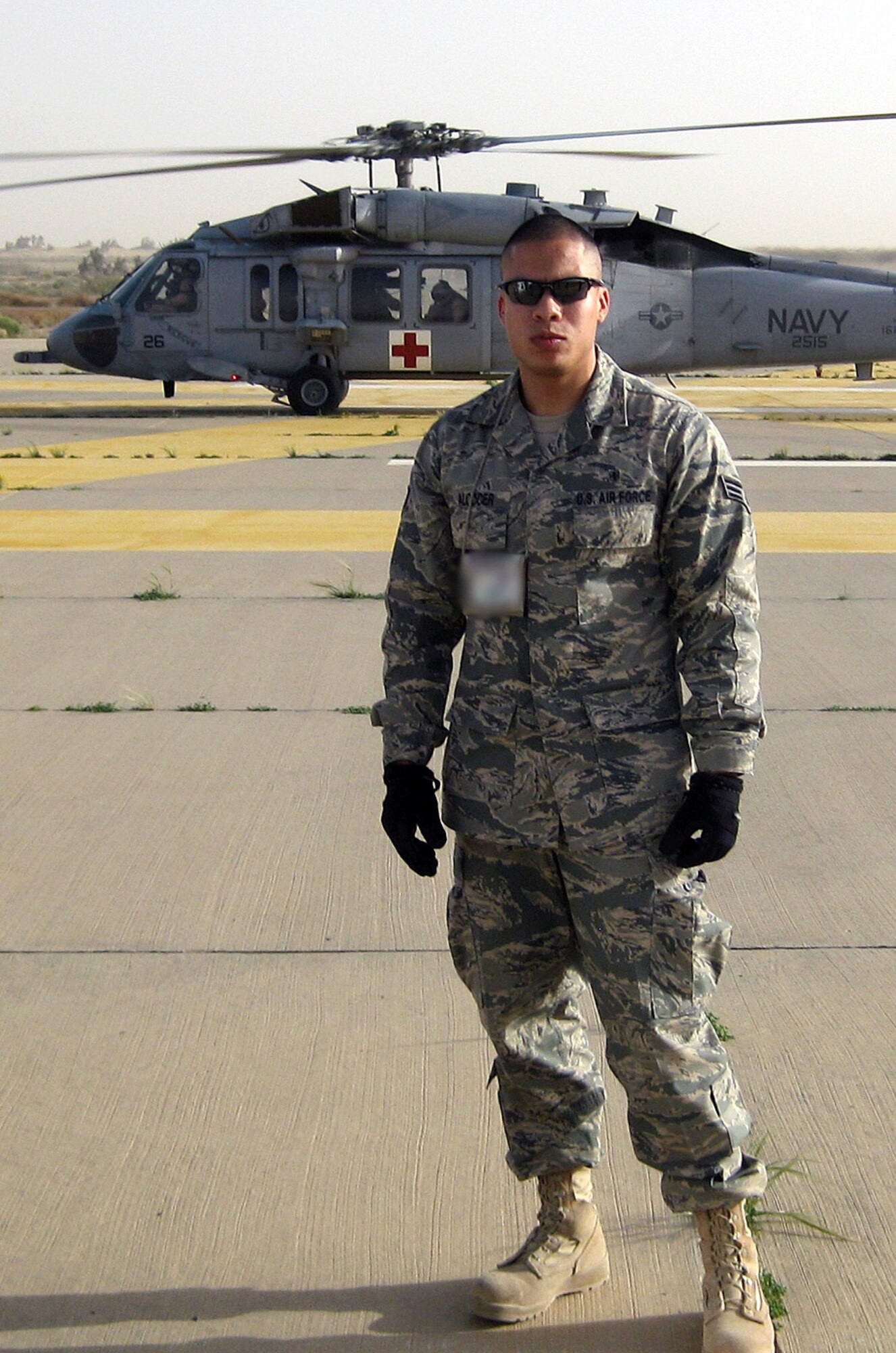 SOUTHWEST ASIA -- Staff Sgt. Humberto Alcocer, 386th Expeditionary Medical Group aerospace medical technician, is deployed from the 88th Medical Group at Wright-Patterson Air Force Base, Ohio. (U.S. Air Force courtesy photo illustration)