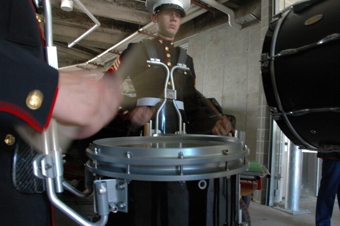 Marines from the Albany Ga., Marine Corps Band warm up before playing the Canadian and American National Anthem before the New York Yankees vs Toronto Blue Jays baseball game at Yankee Stadium, New York City, July 4. The band plays for more than 250,000 people each year while touring the country. (Official Marine Corps photo by Sgt. Randall A. Clinton)