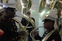 Marines from the Albany Marine Corps Band warm up before playing the Canadian and American National Anthem before the New York Yankees vs Toronto Blue Jays baseball game at Yankee Stadium, New York City, July 4. The band plays for more than 250,000 people each year while touring the country. (Official Marine Corps photo by Sgt. Randall A. Clinton)