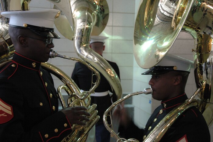 Marines from the Albany Marine Corps Band warm up before playing the Canadian and American National Anthem before the New York Yankees vs Toronto Blue Jays baseball game at Yankee Stadium, New York City, July 4. The band plays for more than 250,000 people each year while touring the country. (Official Marine Corps photo by Sgt. Randall A. Clinton)