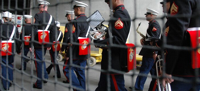 Marines from the Albany Marine Corps Band warm up before playing the Canadian and American National Anthem before the New York Yankees vs Toronto Blue Jays baseball game at Yankee Stadium, New York City, July 4. The band plays for more than 250,000 people each year while touring the country. (Official Marine Corps photo by Sgt. Randall A. Clinton)