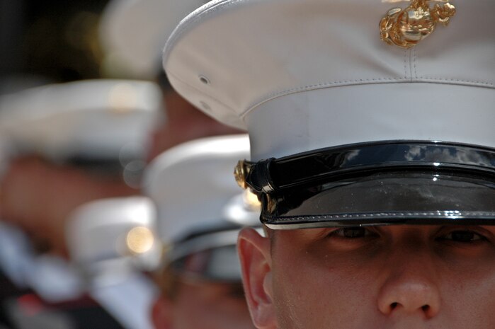 A Marine from the Albany Marine Corps Band waits to march on the field and play the Canadian and American National Anthem before the New York Yankees vs Toronto Blue Jays baseball game at Yankee Stadium, New York City, July 4. The band plays for more than 250,000 people each year while touring the country. (Official Marine Corps photo by Sgt. Randall A. Clinton)