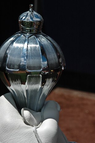 Staff Sgt. Ignatius J. Keogh, Albany Ga., Marine Corps Band, drum major, holds his mace before playing the Canadian and American National Anthem before the New York Yankees vs Toronto Blue Jays baseball game at Yankee Stadium, New York City, July 4. The band plays for more than 250,000 people each year while touring the country. (Official Marine Corps photo by Sgt. Randall A. Clinton)