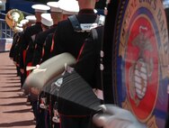 The Albany Ga., Marine Corps Band marches off the field after playing the National Anthem before the New York Yankees vs Toronto Blue Jays baseball game at Yankee Stadium, New York City, July 4. The band plays for more than 250,000 people each year while touring the country. (Official Marine Corps photo by Sgt. Randall A. Clinton)