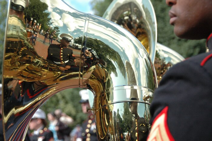 The Albany Ga., Marine Corps Band plays during the reopening ceremony for the Statue of Liberty crown, July 4. The top of the statue had been closed since the terrorist attacks of 9/11. The band plays for more than 250,000 people each year while touring the country. (Official Marine Corps photo by Sgt. Randall A. Clinton)