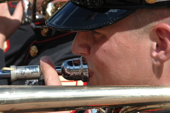 A Marine with the Albany Ga., Marine Corps Band, plays during the opening of the Statue of Liberty's crown ceremony, July 4. The band played for a naturalization ceremony for seven service members earlier in the day and then again at Yankee Stadium. (Official Marine Corps photo by Sgt. Randall A. Clinton)