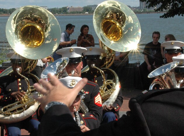 A Marine with the Albany Ga., Marine Corps Band, plays during the opening of the Statue of Liberty's crown ceremony, July 4. The band played for a naturalization ceremony for seven service members earlier in the day and then again at Yankee Stadium. (Official Marine Corps photo by Sgt. Randall A. Clinton)