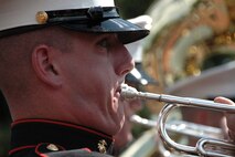 A Marine with the Albany Ga., Marine Corps Band, plays during the opening of the Statue of Liberty's crown ceremony, July 4. The band played for a naturalization ceremony for seven service members earlier in the day and then again at Yankee Stadium. (Official Marine Corps photo by Sgt. Randall A. Clinton)