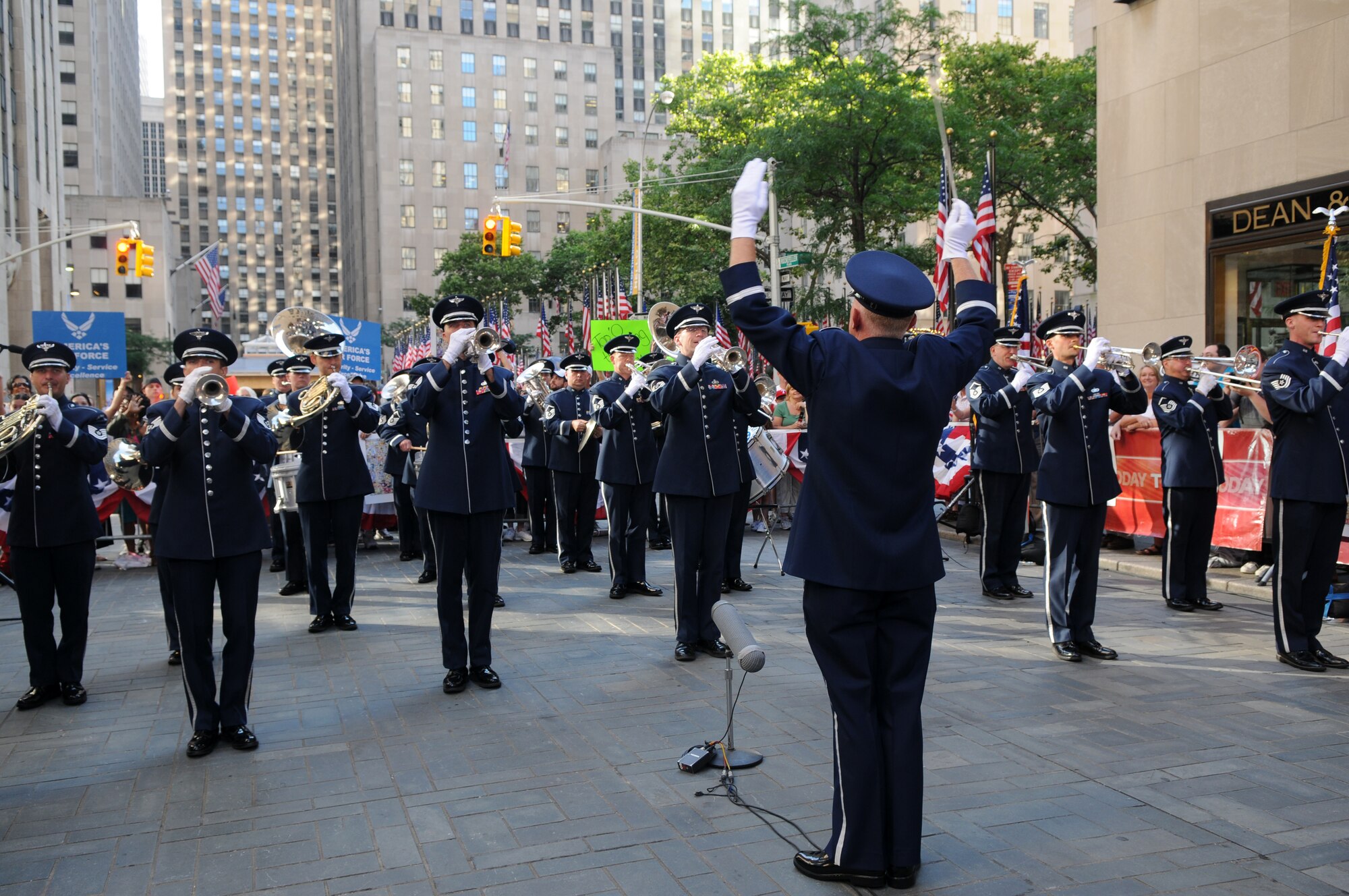 The U.S. Air Force Band’s Ceremonial Brass group performs during a live broadcast on the Today Show before and after commercial breaks July 4 from Rockefeller Plaza in New York City. The Ceremonial Brass has performed annually on the Today show since 1998. (U.S. Air Force photo by Senior Airman Marleah Miller)