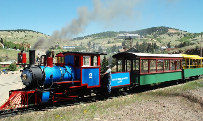 The Cripple Creek and Victor Railroad in Cripple Creek, Colo., offers visitors tours of old gold mines. Other attractions in the area include the Cripple Creek District Museum and the Pikes Peak Heritage Center. (U.S. Air Force photo/Ann Patton)