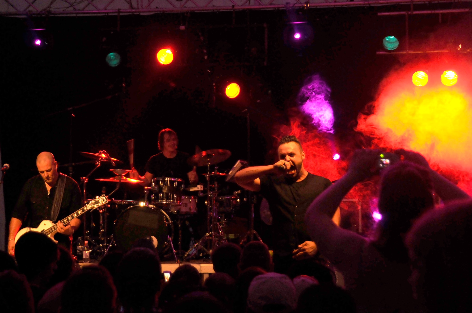 Blue October, a rock band, performs a free concert for fans at the Rockin’ Fourth of July celebration, July 4, 2009, Kapaun Air Station, Germany. Kaiserslautern Military Community members celebrated the event with games, rides and concerts and ended the night with fireworks. (U.S. Air Force photo by Tech. Sgt. Kenneth Bellard)