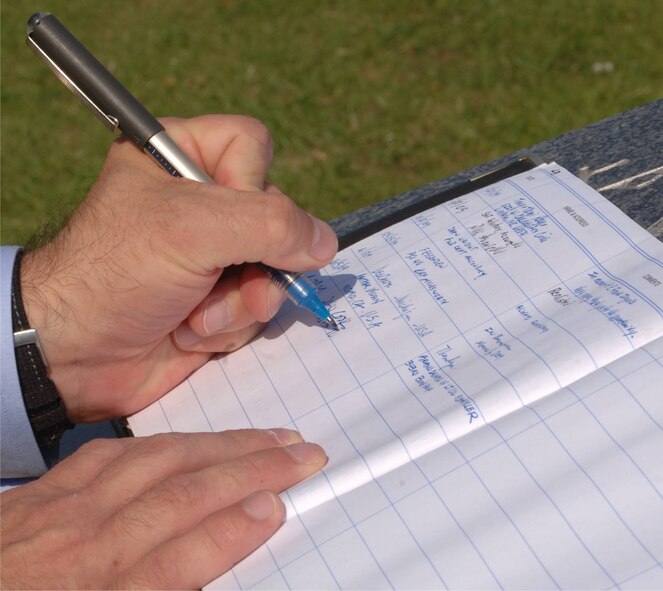 Mr. John Cook signs the guest book at the 303rd Bomb Group Memorial (U.S. Air Force Photo by Staff Sgt. Chad E, Chisholm)