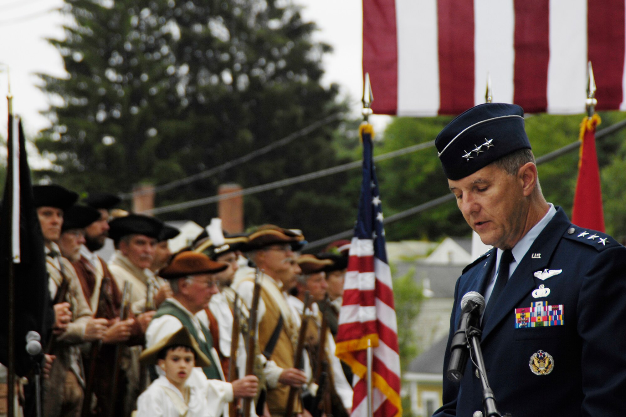 HANSCOM AIR FORCE BASE, Mass. –Lt. Gen. Ted Bowlds, Electronic Systems Center commander, delivers the keynote address at the Veteran’s Honor Roll Memorial dedication ceremony in Carlisle, Mass. on June 28. The dedication ceremony included participation from Hanscom Airmen and other sister service personnel. (U.S. Air Force photo by Linda LaBonte Britt) 