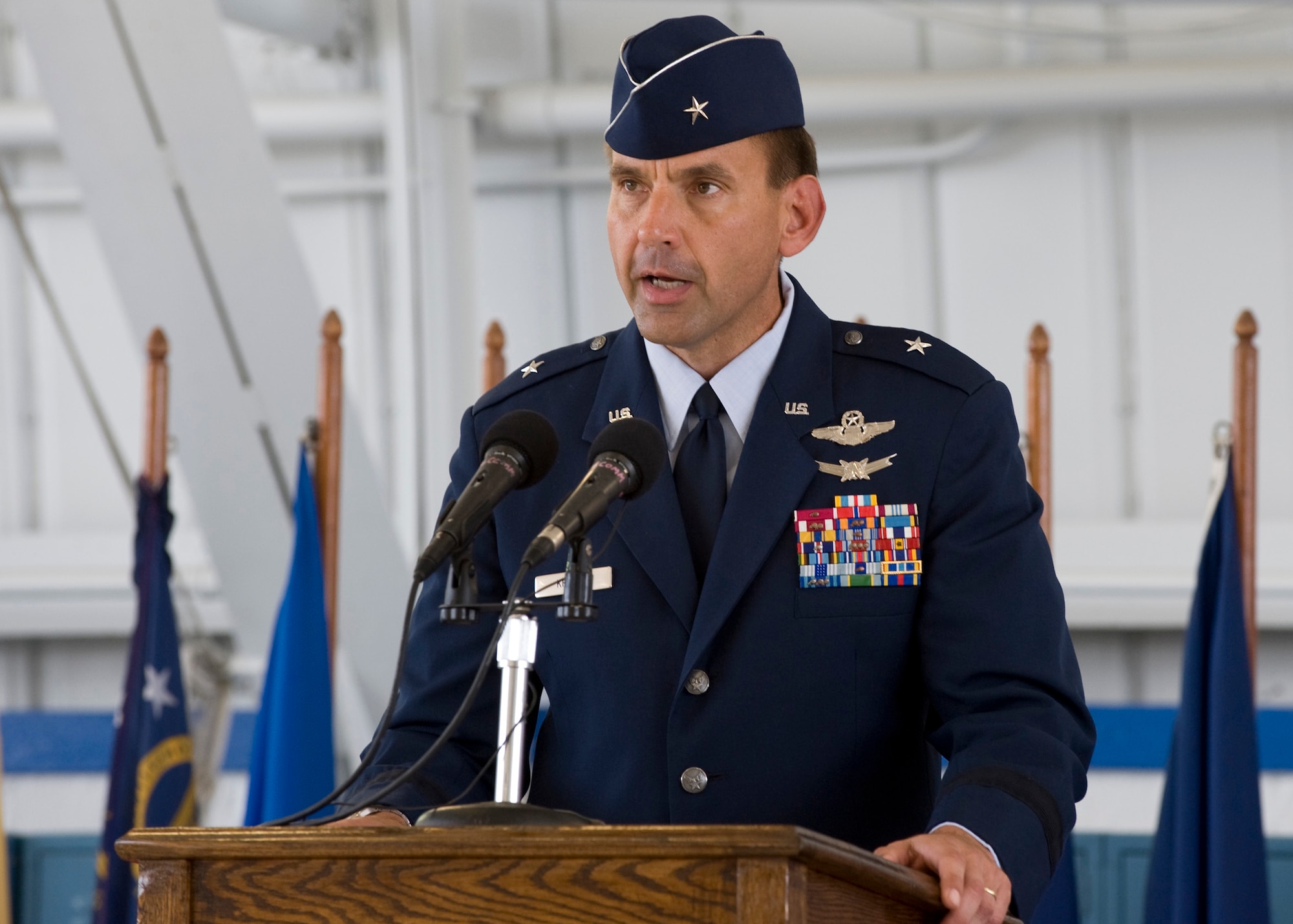 Brig. Gen. Ted Kresge, U.S. Air Force Warfare Center commander, addresses the members of the 53rd Wing during the wing's assumption of command ceremony June 24 at Eglin Air Force Base.  Gen Kresge visited the 53rd Wing and the 505th Command and Control Wing during his time on the Gulf Coast.  Both wings are direct reporting units to the USAFWC.  (U.S. Air Force photo/Greg Murray.) 