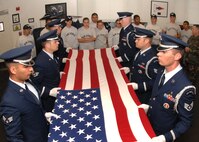 Travis Honor Guardsmen, from front left clockwise, Senior Airman Saverio Demitri, Staff Sergeant Alexander Putman, Staff Sergeant Soren Nelson, Captain John Field, Staff Travis Honor Guardsmen, from front left clockwise, Senior Airman Saverio Demitri, Staff Sergeant Alexander Putman, Staff Sergeant Soren Nelson, Captain John Field, Staff Sergeant Garrett Johnson and Staff Sergeant Richard Kovacs demonstrate a six man flag folding ceremony for the JROTC (Junior Reserve Officer Training Corps) Cadets from Del Campo High School, Fair Oaks, California.  The Cadets were taught by Travis Honor Guardsman, far right, Master Sergeant Paul McCullough on how to perform the ceremony.   (U.S. Air Force photo by Civ/Nan Wylie)