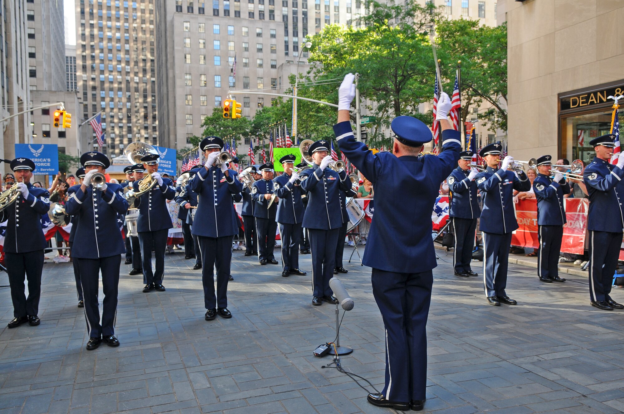 The Air Force Band's Ceremonial Brass group performs during a live broadcast on the "Today" show before and after commercial breaks July from Rockefeller Plaza on the "Today" show on the Fourth of July in New York City. The Ceremonial Brass has performed annually on the Fourth of July on the "Today" show since 1998. (U.S. Air Force photo/Senior Airman Marleah Miller) 
