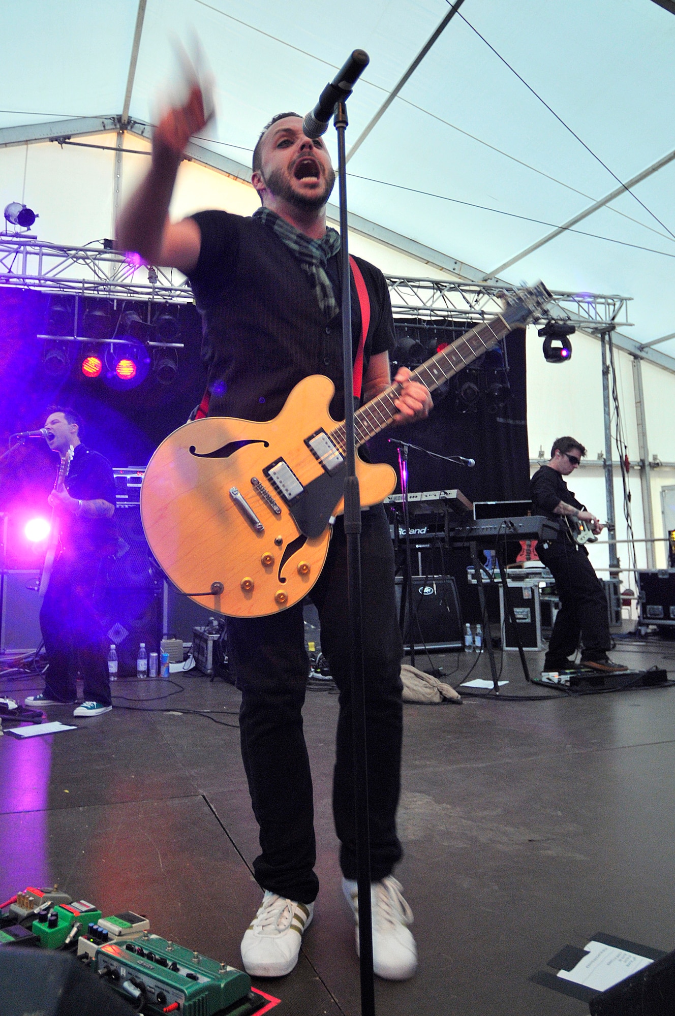 Justin Furstenfeld, lead singer of the band Blue October, sings at the Rockin' Fourth of July celebration, July 4, 2009, Kapaun Air Station, Germany. Kaiserslautern Military Community members celebrated the event with games, rides and concerts and ended the night with fireworks. (U.S. Air Force photo by Staff Sgt. Stephen J. Otero)