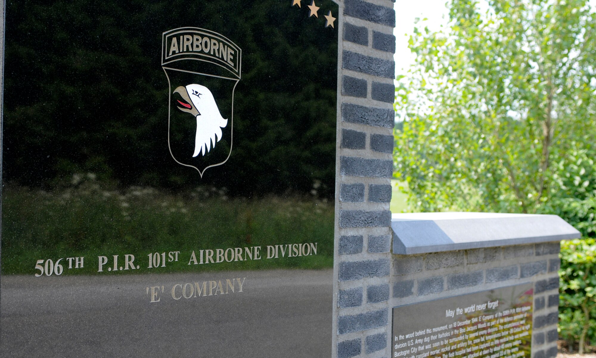 SPANGDAHLEM AIR BASE, Germany -- A memorial stands in honor of the 506th Parachute Infantry Regiment, 101st Airborne Division, in Bastogne, Belgium. The 506th PIR, also known as Easy Company, was made well-known by the popular television series “Band of Brothers.” The soldiers of Easy Company were deployed to resist the advance of German forces in December 1944. With limited supplies and ammunition, the outnumbered American soldiers successfully held the town of Bastogne until reinforcements arrived. (U.S. Air Force photo by Airman 1st Class Nathanael Callon)