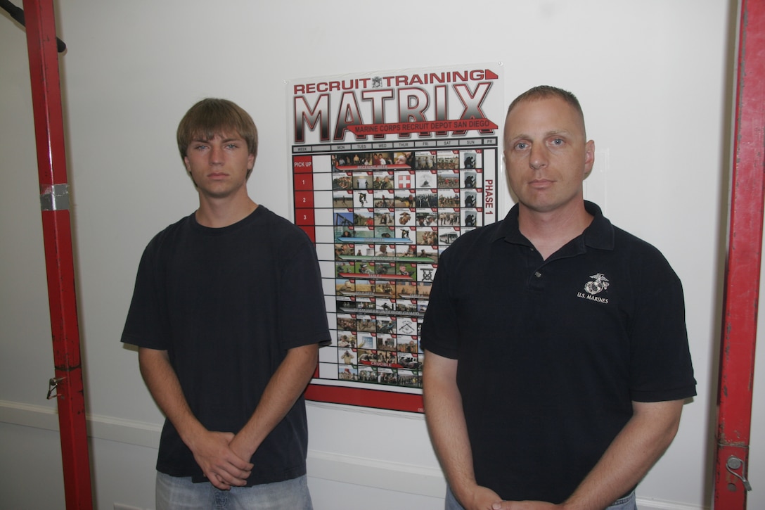 Staff Sgt. Matthew Vetch, right, enlisted his son on July 1, 2009 at the Military Entrance Processing Station in Omaha, Nebraska. Vetch and his 17-year-old son Luke, pose at Vetch’s Permanent Contact Station Norfolk, Recruiting Substation Sioux City, Recruiting Station Des Moines office. Vetch, who by trade is a wire chief, and his son, who signed up to be an infantryman, hope the odds are on their side to get stationed together.