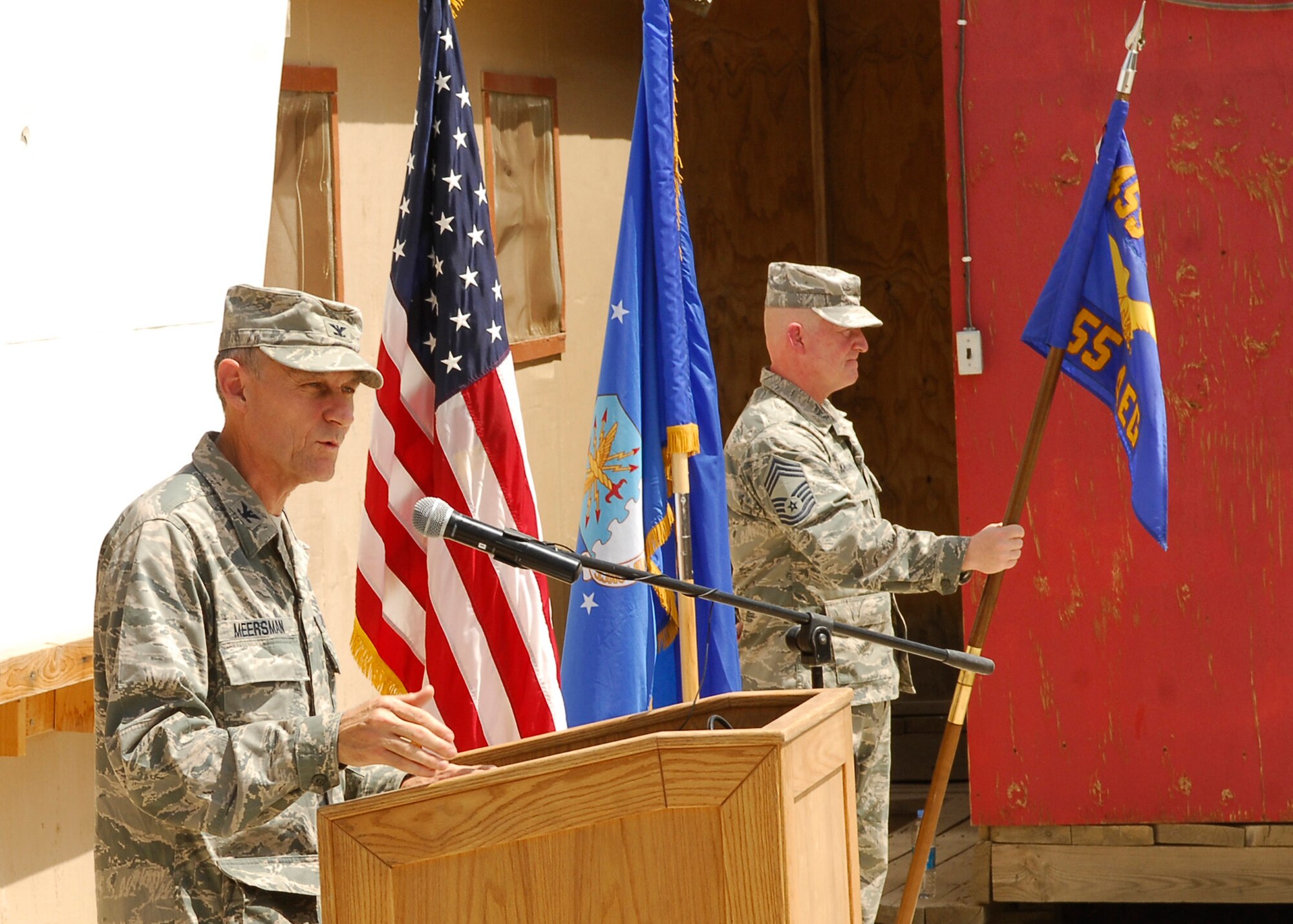 BAGRAM AIR FIELD, Afghanistan - Col. James Meersman captures the audience's attention during an assumption of command ceremony. Col. Meersman is the new commander of the 755th Air Expeditionary Group and is tasked to provide operational and administrative control of more than 1,600 Joint Expeditionary Airmen at more than 40 locations across Afghanistan. (U.S. Air Force photo/Senior Airman Felicia Juenke)