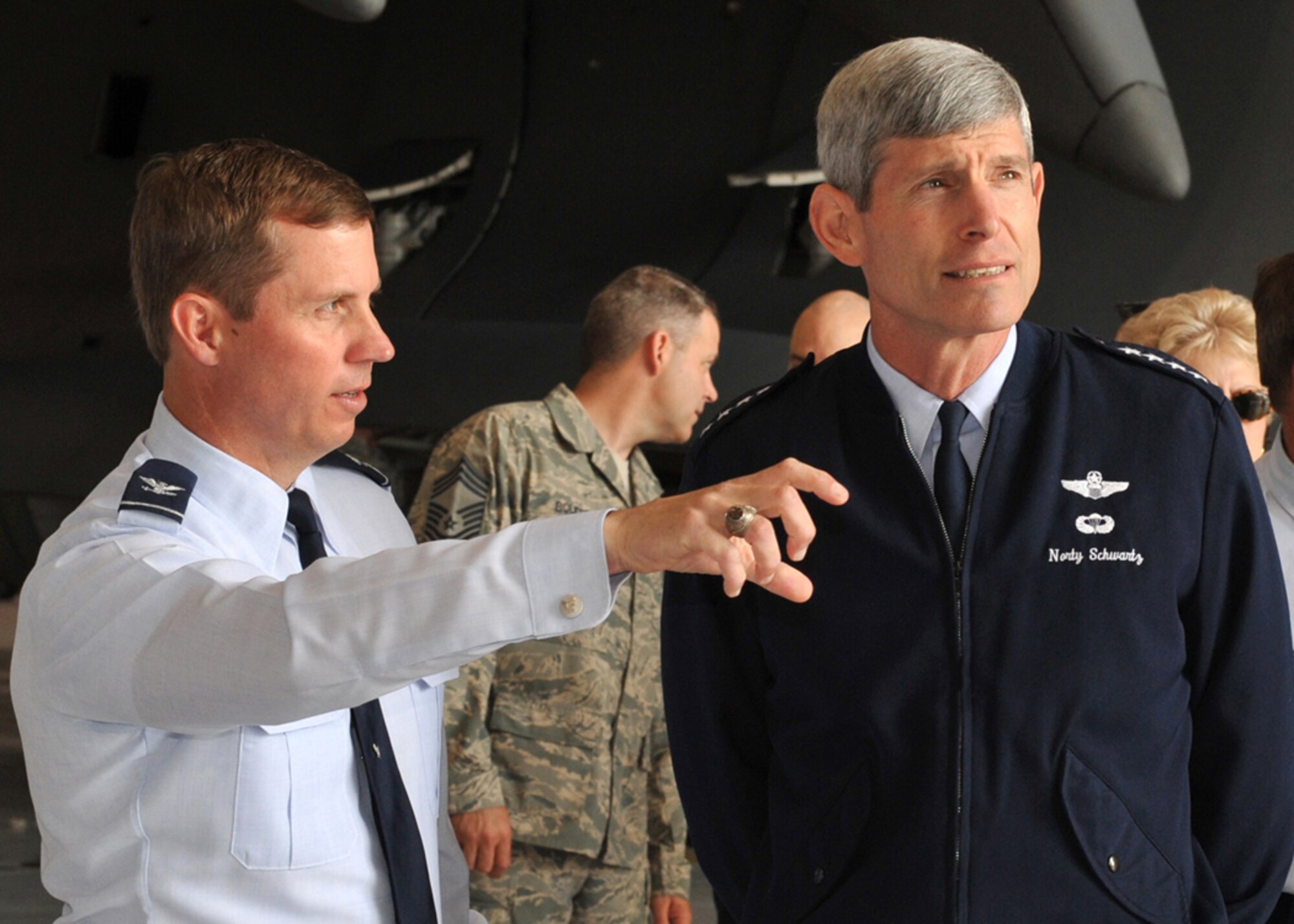 ELMENDORF AIR FORCE BASE, Alaska -- Chief of Staff of the Air Force Gen. Norton Schwartz and Col. Thomas Bergeson, 3rd Wing commander discuss flying operations at Elmendorf June 6, 2009. (U.S. Air Force photo/Senior Airman Laura Turner)