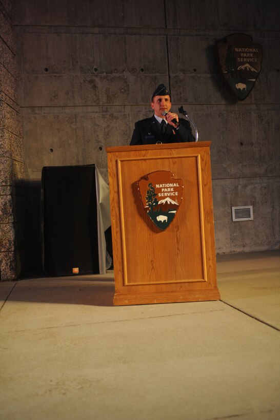 Col. Jeffrey Taliaferro, 28th Bomb Wing commander, speaks to the crowd during the 2009 Independence Day celebrations at Mt. Rushmore National Memorial. Colonel Taliaferro commands the largest B-1 combat wing in the U.S. Air Force, with 28 aircraft and more than 4,300 military and civilian members. (U.S. Air Force photo/Airman 1st Adam Grant)