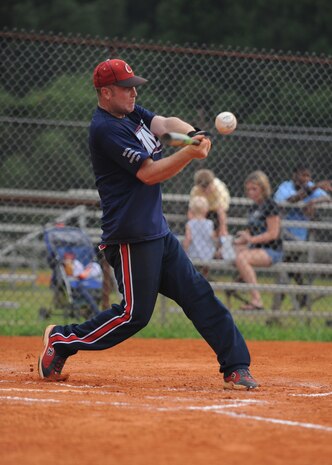 Bryan Scroggs takes his turn in the batters box during the intramural softball game at the softball fields here July 7. Security Forces beat the Aircraft Maintenance Squadron team one 13-1. (U.S. Air Force photo/Senior Airman Katie Gieratz)