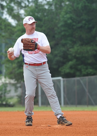 Bob Trout pitches to the Aircract Maintenance Squadron team one during an intramural softball game at the base softballs fields July 7. Security Forces beat the Aircraft Maintenance Squadron team one 13-1. Trout is with the 437th  Security Forces Squadron.(U.S. Air Force photo/Senior Airman Katie Gieratz)
