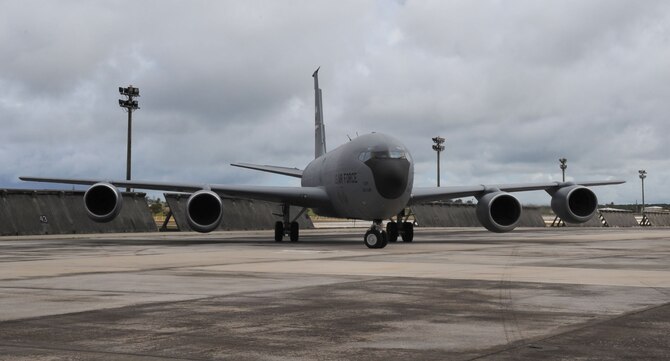 A KC-135 Stratotanker from the 506th Expeditionary Air Refueling Squadron,
lands at Andersen Air Force Base, Guam.  The KC-135 returned from a
deployment from Alaska after completion of Northern Edge 2009. The exercise
was  a culmination of more than 9,000 Department of Defense personnel to
practice mission planning and procedures.  The refueling squadron is
deployed here from March Air Reserve Base, Calif., to support of the U.S.
Pacific Command's Theater Security Package in the Asia-Pacific Region. (U.S. Air Force photo/ Senior Airman Christopher Bush)
