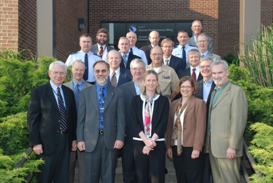 Leaders attending the Human Systems Senior Leader Forum at
Wright-Patterson AFB included, from left: (front row) Dr. Robert Foster,
Director, BioSystems, Defense Research & Engineering; Mr. Thomas S. Wells,
Director, 711 Human Performance Wing; Dr. Michelle Sams, Director, Army
Research Institute for the Behavioral and Social Sciences; Dr. Laurel
Allender, Director, Human Research and Engineering Directorate of the Army
Research Laboratory; Dr. Terry Allard, Department Head (Code 34), Warfighter
Performance Department, Office of Naval Research; (second row) Dr. R. Craig
Postlewaite, Director, Force Readiness & Health Assurance Office of the
Deputy Assistant Secretary of Defense for Force Health Protection &
Readiness Programs; Dr John Tangney, Director, Human & Bioengineered Systems
Division, Office of Naval Research; Mr. Paul Chatelier, consultant, Ball
Aerospace & Technologies Corp.; (third row) Dr. Michael Drillings, Director
for MANPRINT, U.S. Army; RDML Richard Vinci, Commander, Navy Medical Support
Command NMSC (ASBREM); Mr. Jack Blackhurst , Director, Human Effectiveness
Directorate, 711 HPW; (fourth row) Col James Carroll, Deputy, Assistant
Surgeon General, Modernization; Dr Morley Stone, Chief Scientist, 711 HPW;
Mr. Maris Vikmanis, Chief, Plans and Programs, 711th HPW; Dr. J. Frazier
Glenn, Principal Assistant for Research and Technology, US Army Medical
Research & Materiel Command; (top row) Dr Daniel Wallace, NAVSEA Human
Factors Technical Warrant Holder; Col Lex Brown, Director, Human Performance
Integration Directorate, 711 HPW; Mr. Ron Julian, Principal Systems
Engineer, Ball Aerospace & Technologies Corp.; Col Larry Kimm, Director, AF
Human Systems Integration Office, Office of the USAF Vice Chief of Staff;
and Dr Garrett Polhamus, Chief, Directed Energy, Bioeffects Division,
711HPW/RH. (Photo by Chris Gulliford, 711 HPW)
