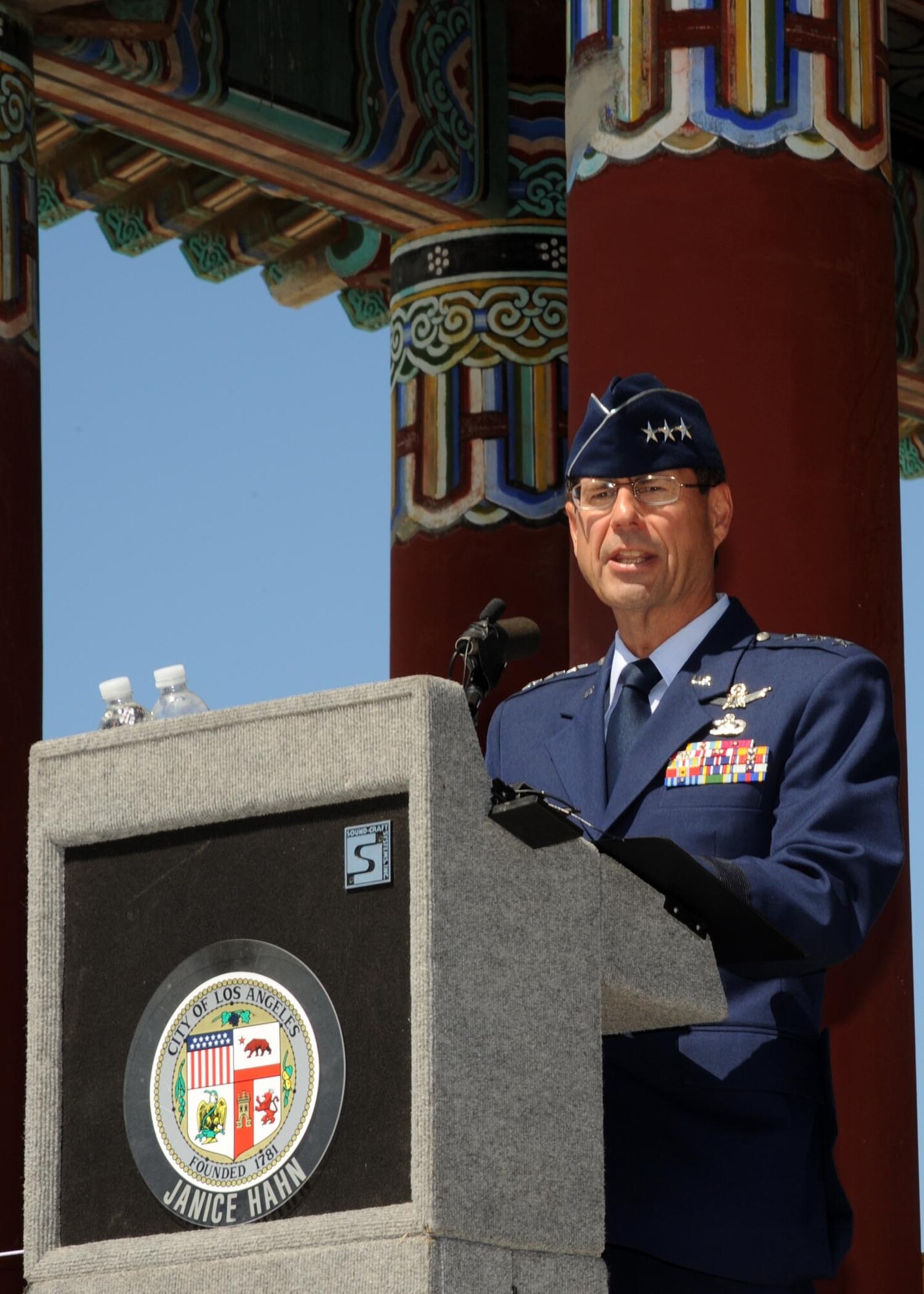 Lt. Gen. Tom Sheridan, Space and Missile System Center commander, spoke at the Korean Bell ceremony in San Pedro, July 4.  (Photo by Lou Hernandez)