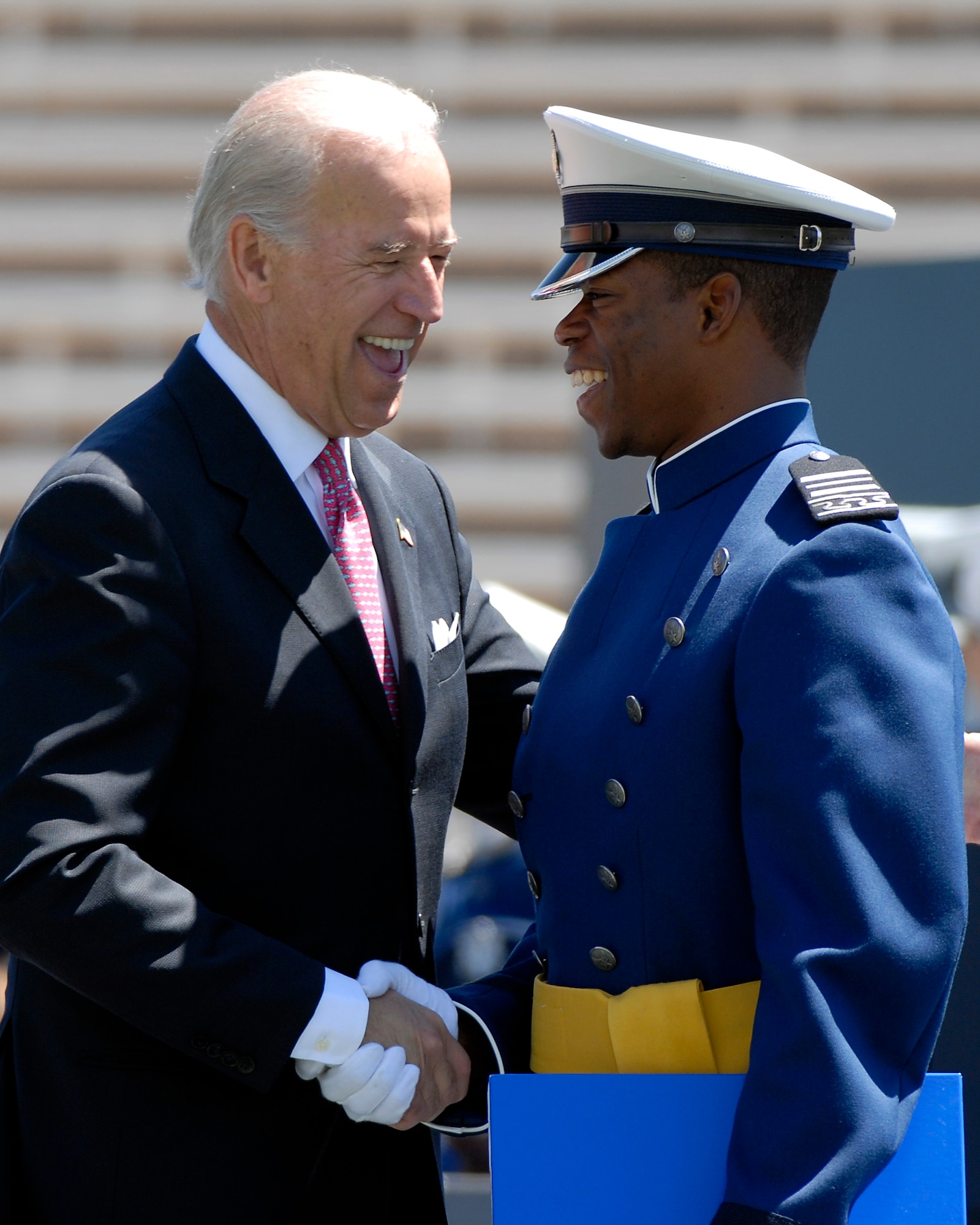 Vice President Joe Biden congratulates newly commissioned 2nd Lt. Kellen Curry during the U.S. Air Force Academy Class of 2009 graduation ceremony held at Falcon Stadium May 27. (U.S. Air Force photo/Mike Kaplan)