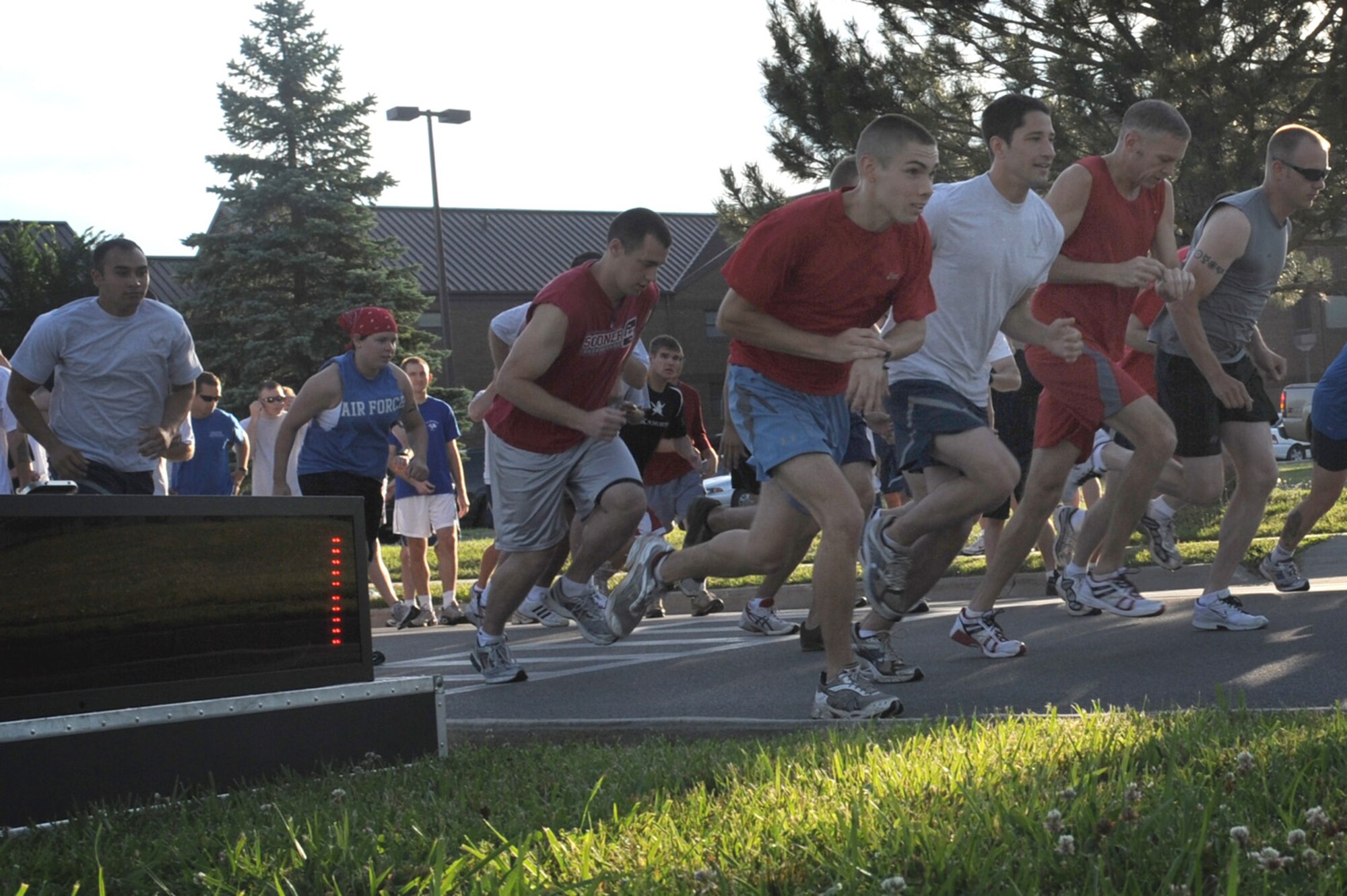 WHITEMAN AIR FORCE BASE, Mo. – Runners take off during the Whiteman 5K Fun Run July 2. An event to boost morale and camaraderie as well as promote the Air Force’s Fit to Fight campaign, Whiteman Fun Runs are open to anyone who has base access including retirees, dependents and civilian contractors. (U.S. Air Force photo/Senior Airman Jason Huddleston)