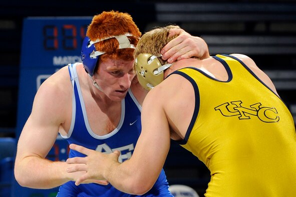 Academy graduate Stephen Crozier, left, was recently named to the National Wrestling Coaches Association Individual All-Academic wrestling team. The Falcons ranked 22nd as a team with a combined grade point average of 2.975. (U.S. Air Force photo/Dave Ahlschwede)