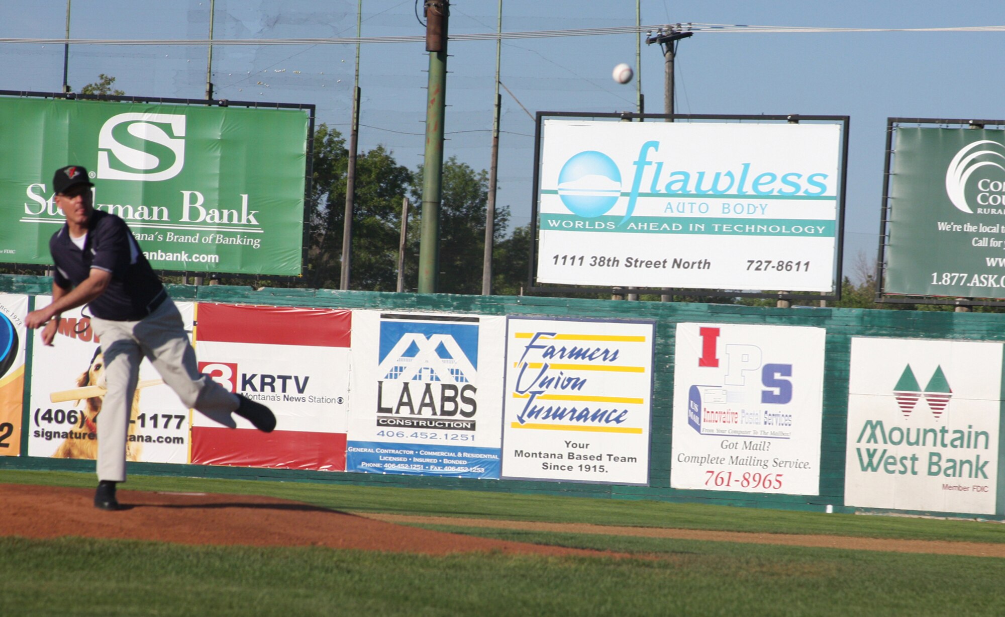 Col. Michael Fortney, 341st Missile Wing commander, throws the opening pitch during Military Appreciation Night June 27 at Centene Stadium. (U.S. Air Force photo/Staff Sgt. Marcus McDonald) 