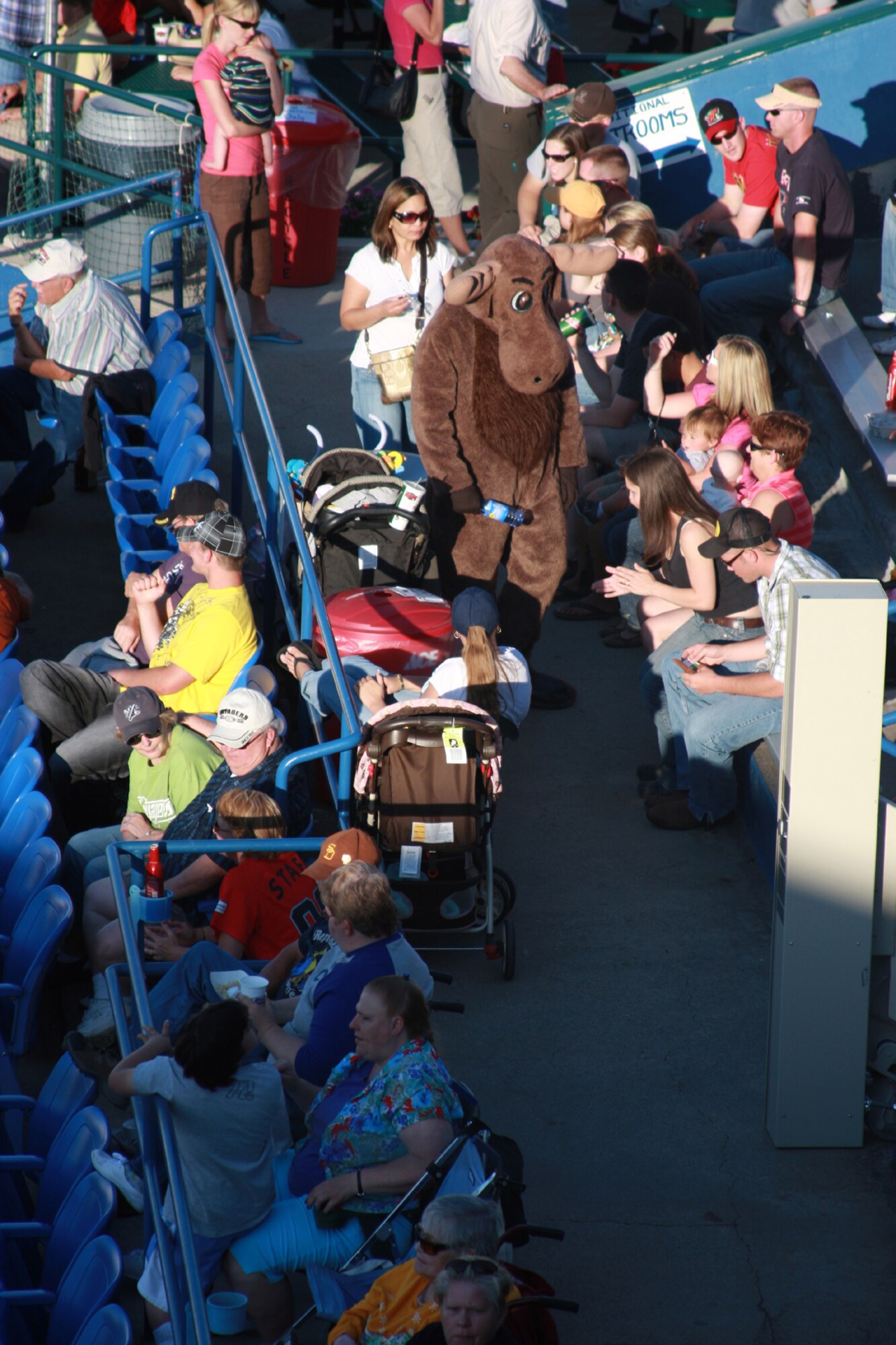 The 341st Force Support Squadron mascot, Mel the Moose, greets baseball fans during Military Appreciation Night June 27 at Centene Stadium. (U.S. Air Force photo/Staff Sgt. Marcus McDonald) 