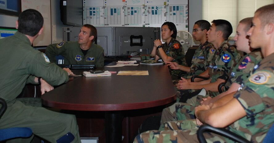 LAUGHLIN AIR FORCE BASE, Texas – Capt. Cliff Johnson and 1st Lt. Travis Patterson, 86th Flying Training Squadron instructor pilots, brief a group of Civil Air Patrol cadets before their orientation flight on board a T-1A Jayhawk here June 25.  The flight was a culmination of a seven day trip designed to give the cadets firsthand experience into what it is like to be an Air Force student pilot. (U.S. Air Force photo by 2nd Lt. Eric Jones)