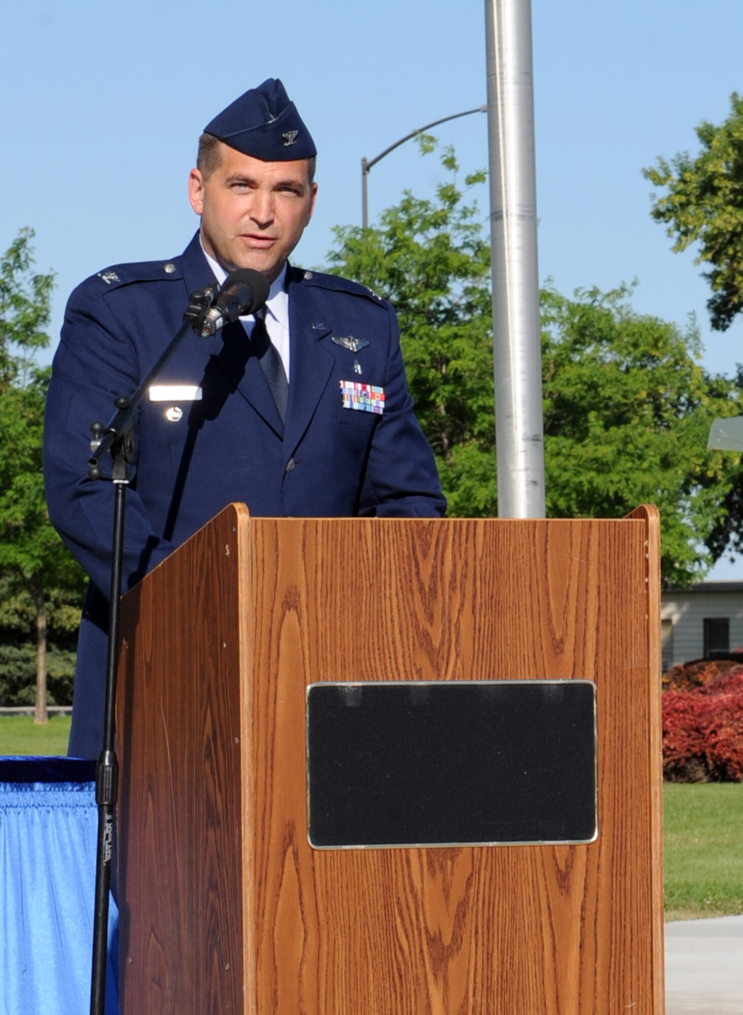 MOUNTAIN HOME AIR FORCE BASE, Idaho-- Col. Kevin Connolly addresses the Gunfighters for the first time as the 366th Medical Group commander during the change-of-command ceremony at Holt Park July 7. Colonel Connolly comes to the Gunfighters from Washington D.C. where he was a student at the Industrial College of the Armed Forces. (U.S. Air Force photo/ Airman 1st Class Debbie Lockhart)