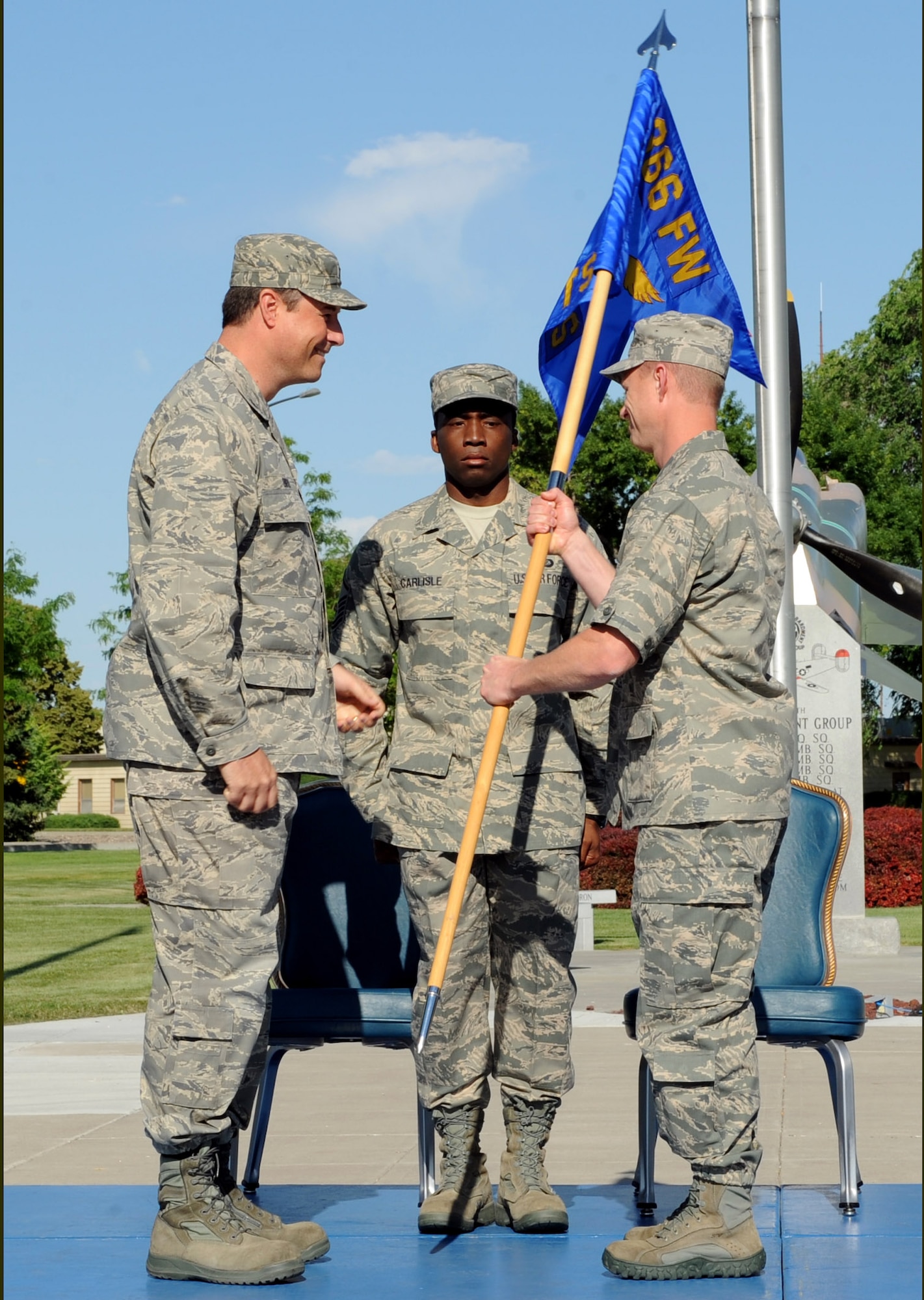 MOUNTAIN HOME AIR FORCE BASE, Idaho -- Maj. Thomas Brown assumed command of the 366th Comptroller Squadron from Col. John Bird, 366th Fighter Wing commander, during a change-of-command ceremony July 2 at Holt Park. Major Brown took command of the 366th CPTS from Lt. Col. Terri Jones. (U.S. Air Force photo\ Airman 1st Class Deborah Lockhart)